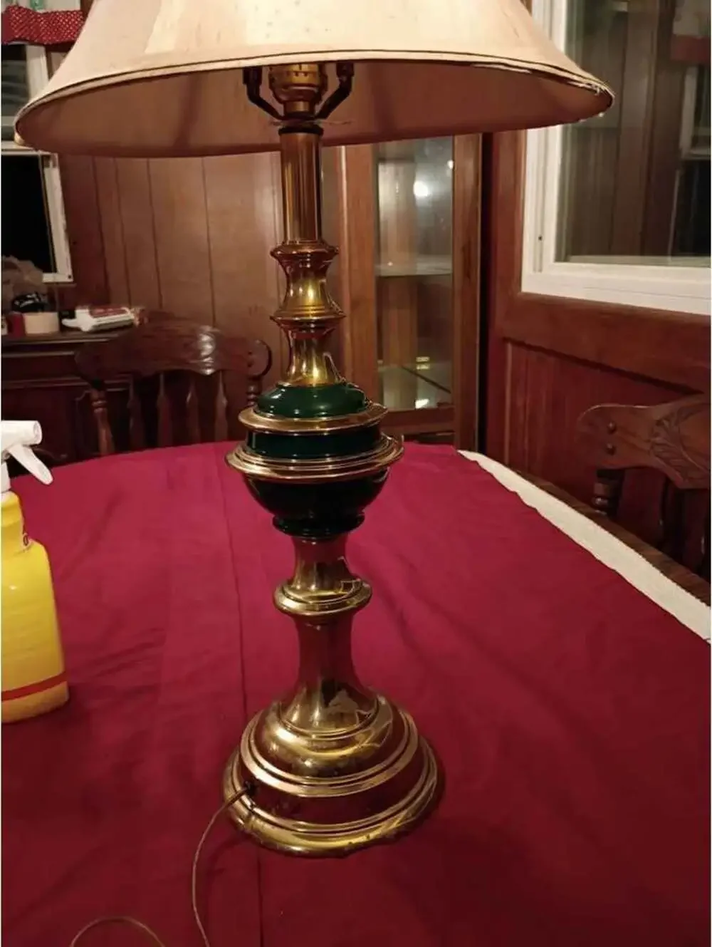 Vintage Brass Table Lamp with Green Accents and Beige Shade